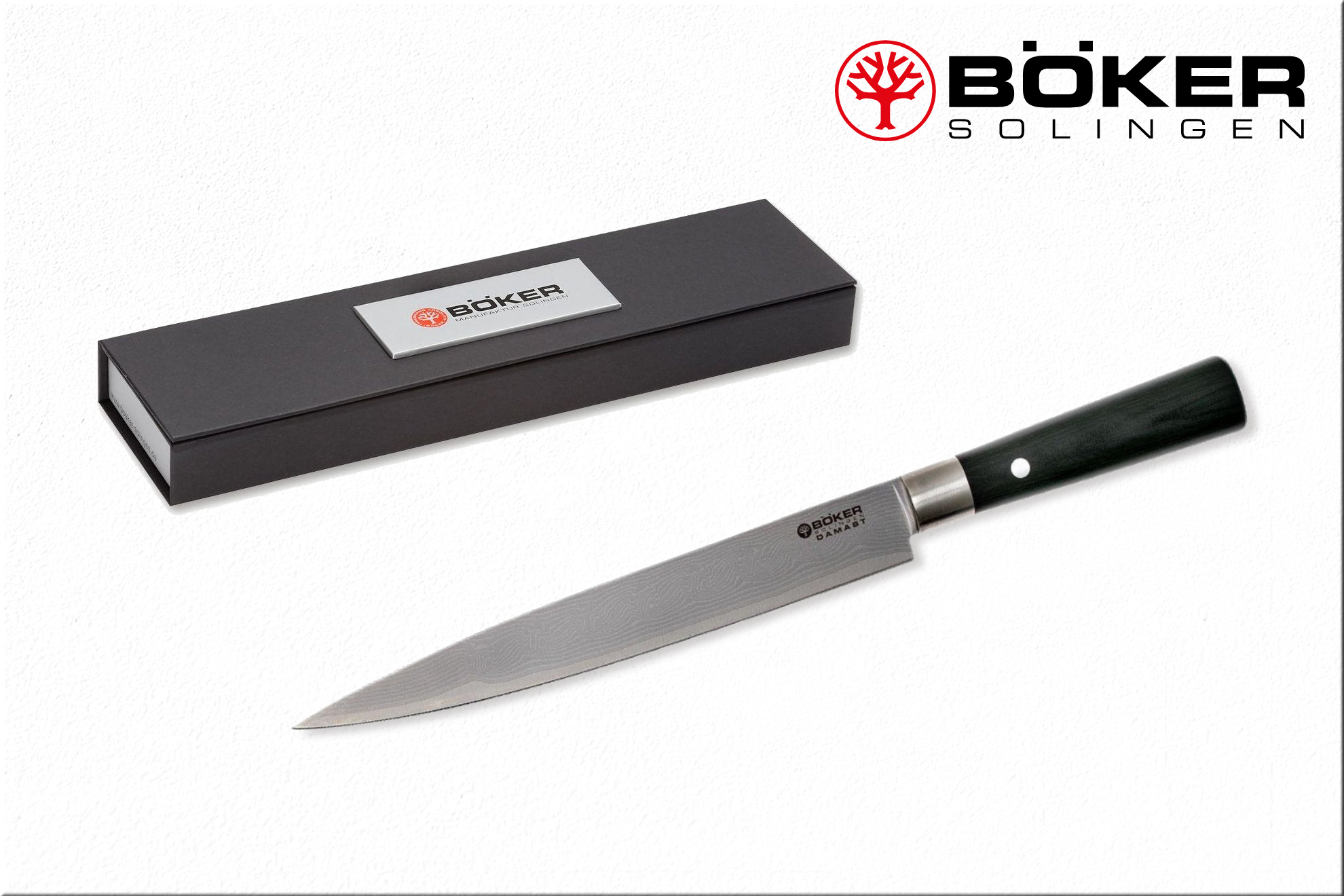 Boker 130425DAM — Поварской Нож-Слайсер (модель: Бокер Damascus Black Carving Knife) 23 см.
